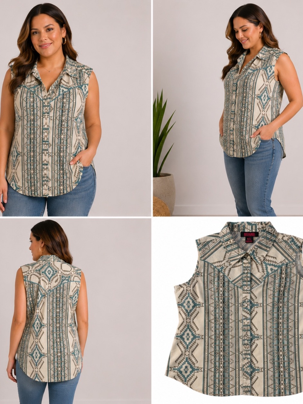 Rock & Roll Denim XL Sleeveless Western Snap Top Southwestern Aztec Print